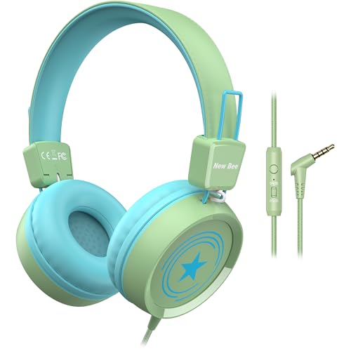 New Bee Kids Headphones for School with Microphone KH20 HD Stereo Safe Volume Limited 85dB/94dB Foldable Lightweight On-Ear Headphone for boy Mac/Android/Kindle/Tablet/Pad - color: Green, size: wired