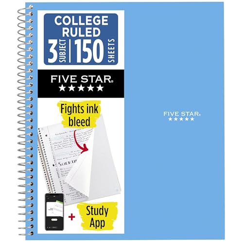 Five Star Spiral Notebook + Study App, 3 Subject, College Ruled Paper, 8.5" x 11", 150 Sheets, Blue (Color May Vary) (820003NH0) - color: Blue, size: 1 Count (Pack of 1)