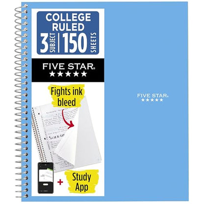 Five Star Spiral Notebook + Study App, 3 Subject, College Ruled Paper, 8.5" x 11", 150 Sheets, Blue (Color May Vary) (820003NH0) - color: Blue, size: 1 Count (Pack of 1)
