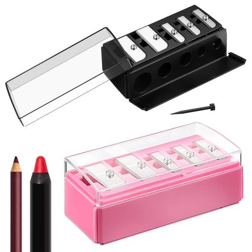 Honoson 2 Pcs 5 Hole Cosmetic Long Point Manual Pencil Sharpener with Plastic Lid Makeup Eyeliner Pencil Sharpener(Pink Black) - color: Pink Black
