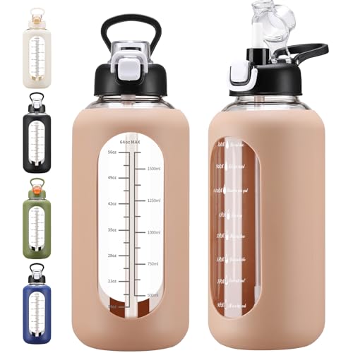 chunmo 64 oz Glass Water Bolttles with Straw Half Gallon Large Motivational Water Bottle with Time Marker Sports Water Bottles with Silicone Sleeve and Handle Lid Water Jug for Gym Workout - color: Amber, size: 64 Ounces