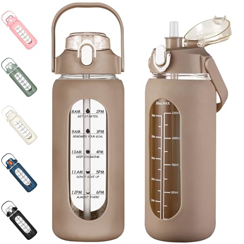 56oz Glass Water Bottles with Straw, Motivational Glass Bottle with Silicone Sleeve and Time Marker, Leakproof Large Glass Water Jug for Gym Home Office,Amber - color: Amber, size: 56 Ounces