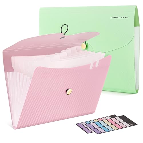 JARLINK 7 Pockets Expanding File Folder, A4 Accordion File Folders with 12 Labels, Cute Paper Organizer, Portable Document Organizer for College School Office Supplies, Macaron Pink & Macaron Green - color: Macaron Pink & Green