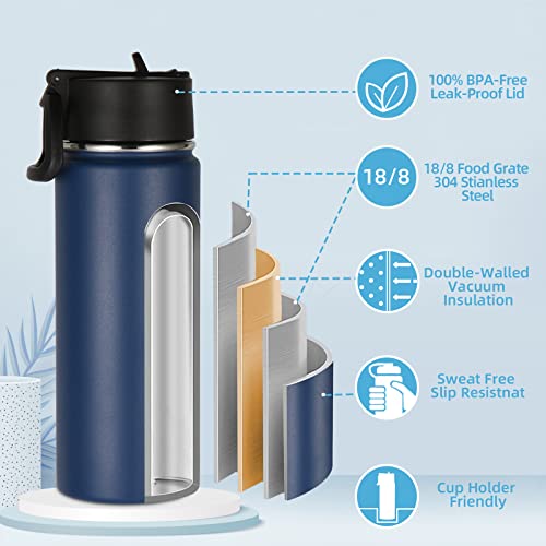 Volhoply 18oz Insulated Water Bottle Bulk 2 Pack,Kids Stainless Steel Water Bottles with Straw Lid,Double Wall Vacuum Metal Bottle,Wide Mouth Reusable Sports Flask for Cold Drink(Navy,2 Set) - color: Navy