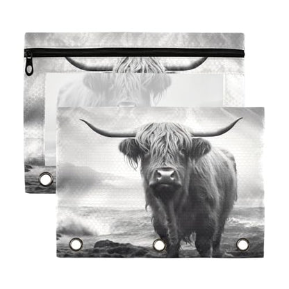 ATTX Funny Highland Cow Pencil Pouch for 3-Ring Binder - Large Capacity Clear Window Pencil Case with Smooth Zipper, Heavy Duty Office Supplies Organizer - color: Funny Highland Cow