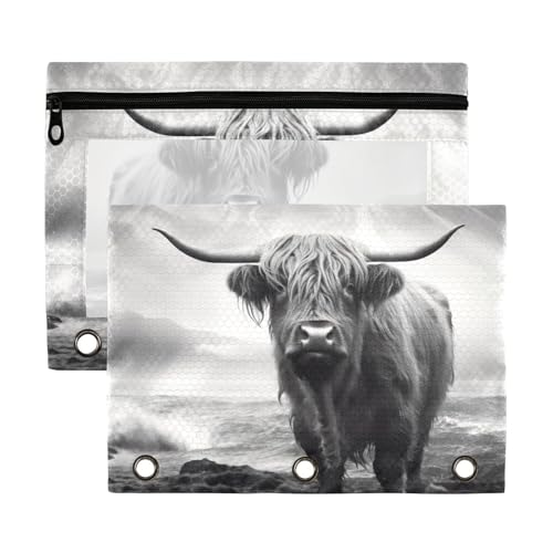 ATTX Funny Highland Cow Pencil Pouch for 3-Ring Binder - Large Capacity Clear Window Pencil Case with Smooth Zipper, Heavy Duty Office Supplies Organizer - color: Funny Highland Cow