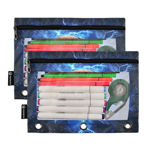 2 Pack Pencil Pouch for 3 Ring Binder Blue Lightning Basketball Pencil Case Pouch with Clear Window Zipper Binder Pencil Pouches Pen Bag for Office School Supplies - color: Blue Lightning Basketball