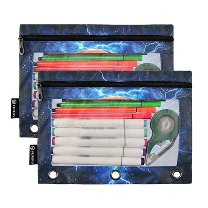 2 Pack Pencil Pouch for 3 Ring Binder Blue Lightning Basketball Pencil Case Pouch with Clear Window Zipper Binder Pencil Pouches Pen Bag for Office School Supplies - color: Blue Lightning Basketball