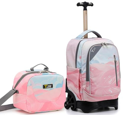 NEW TILAMI 18 inch Rolling Backpack for Girls Boys - Waterproof Durable Stai-Climbing Adjustable Handle Three Wheeled, Pink Sunset Glow - color: Pink Sunset Glow