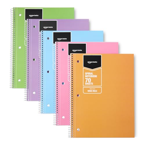 Amazon Basics Wide Ruled Spiral Notebooks, 8" x 10-1/2", 70 Sheets, Assorted Pastel Solid Colors, 5 Pack - color: Assorted Pastel Colors, style: Wide Ruled 5-pack