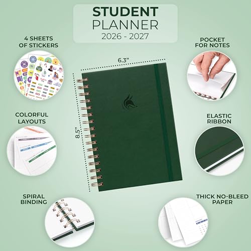 Clever Fox Academic Student Planner 2026-2027 – Hardcover Spiral-Bound Planner for School & College with Weekly & Monthly Calendar (Forest Green) - color: Forest Green
