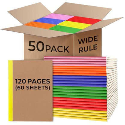 Rosmonde 50 Pack A5 Kraft Notebook, 120 Pages(60 Sheets) Thick Notebook, Long Lasting, Wide Ruled, 8 x 5.7, Bulk Composition Notebook, Bulk Kraft Travel Journals, Notebook for School - size: 50 Pack | Bulk Value, style: Wide Ruled - Kraft Cover