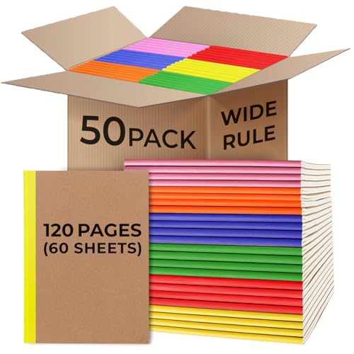 Rosmonde 50 Pack A5 Kraft Notebook, Wide Ruled, Bulk Journal Notebook A5 | Bulk Composition Notebook, 120 Pages (60 Sheets) Thick Notebook, 8 x 5.7, Bulk Kraft Travel Journals, Notebook for School - size: 50 Pack | Bulk Value, style: Wide Ruled - Kraft Co