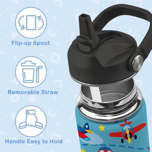 Hiboss Airplane Gifts for Boys, 16oz Kids Blue Water Bottle with Straw Lid, Stainless Steel Insulated Pilot Cup Tumbler, Aviation Lovers Birthday Gifts for School Sport Travel - color: Airplane