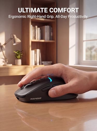 RAPIQUE Bluetooth Wireless Mouse, Dual Bluetooth + 2.4G, Connect Up to 3 Devices, USB-C Rechargeable, Quiet Click, 4 DPI Levels up to 3200, Ergonomic Right-Hand Design for PC, MacBook, Laptop - Black - color: Black