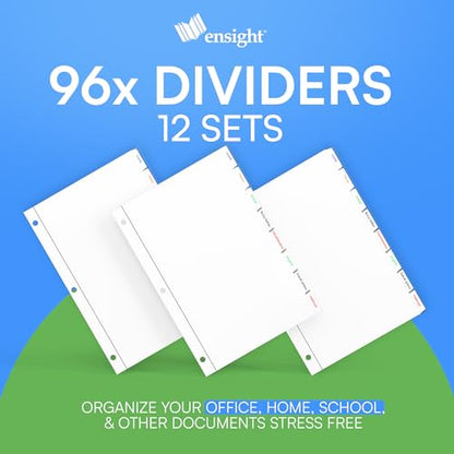 Ensight 3 Ring Page Dividers Bulk, 1/8 Cut Tab Dividers - 96 Per Box Divider Pages with Tabs, Decorative Printable Rewritable Divider Tabs, Exhibit Tab Dividers for 3 Ring Binders Bulk - size: 8 Tabs With 12 Sets
