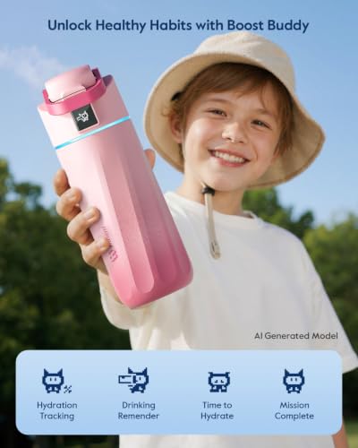 WATERH BOOST Kids Smart Water Bottle with Reminder & Tracker, 16oz | BPA-Free, Vacuum Insulated Stainless Steel, 24H Cold & 12H Hot, DIY Fridge Magnets, Rubber Base, Ideal for Travel & Camping - color: Pink Fade