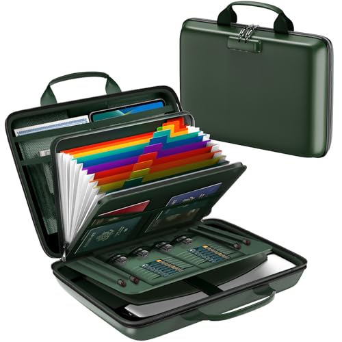 Fireproof Document Box, Hard Case Fireproof File Organizer Box with Lock and 13 Pocket Accordion File Folder, Portable Safe Box for Home Office Travel to Storage Important Documents Laptop Green