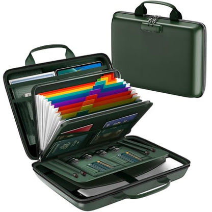 Fireproof Document Box, Hard Case Fireproof File Organizer Box with Lock and 13 Pocket Accordion File Folder, Portable Safe Box for Home Office Travel to Storage Important Documents Laptop Green