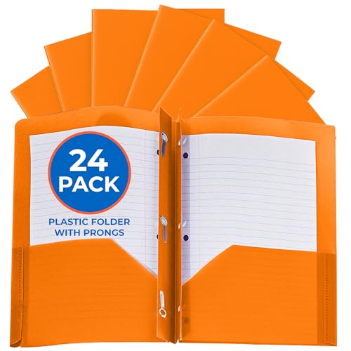 24 Pack Orange Plastic Folders with Pockets Heavy Duty. 2 Pocket Folder with Prongs Bulk. Tear-Resistant Letter Size 8.5x11. Presentation Ready School and Office Supplies - color: Orange, style: With Prongs