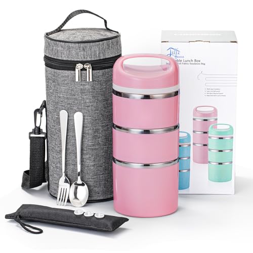 Lille Home Stackable Stainless Steel Thermal Compartment Lunch/Snack Box, 3-Tier Insulated Bento/Food Container with Lunch Bag and 3 Extra Silicone Seals, 43OZ, Pink - color: Pink with Utensils