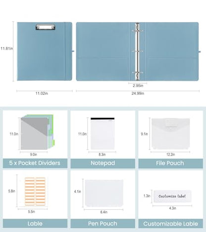 3 Ring Binder with Clipboard,2 Inch Binders with Notepad&5 Dividers with Pockets, Labels,PU Clipboards for School Office(Blue,Letter Size) - color: Blue, size: Letter Size -2 Inch