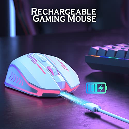 UHURU Gaming Mouse, Wireless Gaming Mouse with 6 Buttons 7 Changeable LED Color up to 10000 DPI, Rechargeable USB Gamer Mouse for PC Laptop (White) - color: white