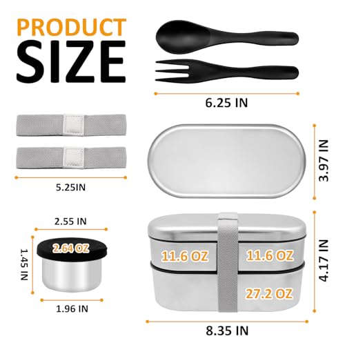 Stainless Steel Bento Box, Stackable & Leakproof Lunch Box, 3 Compartment Food Storage Containers，Microwave/Dishwasher Safe Bento Lunch Box for Work/Travel