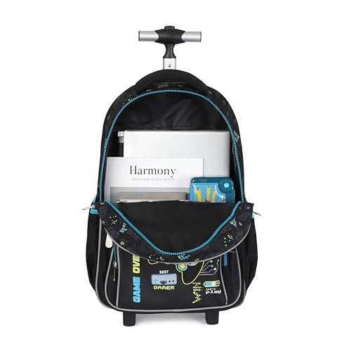 Kids Rolling Backpack for Boys, 5 PCS Cartoon Wheeled Backpack Set with Lunch Bag & Pencil Case, Durable Backpack with Wheels for School, Travel & Daily Use (Blue) - color: Game Black