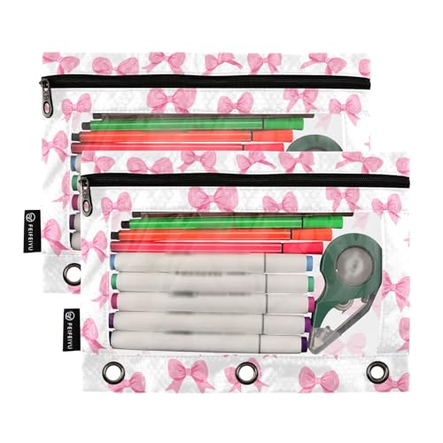 2 Pack Pencil Pouch for 3 Ring Binder Pink Bow Pencil Case Pouch with Clear Window Zipper Binder Pencil Pouches Pen Bag for Office School Supplies - color: Pink Bow