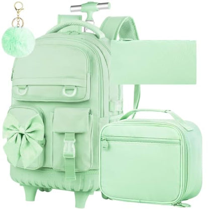 3Pcs Rolling Backpack for Girls Women, School Kids Roller Bookbag with Wheels, Wheeled Backpacks Set for Elementary (Green) - color: Bow Green