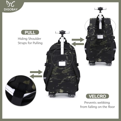 DIGOBAY Camo Rolling Backpack for Boys, 3PCS Tactical Kids Rolling Backpack Set with Lunch Bag & Pencil Case, Boys Wheeled School Bookbag for Elementary, Middle, High School - color: Camouflage Black/Gray