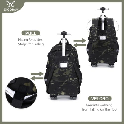 DIGOBAY Camo Rolling Backpack for Boys, 3PCS Tactical Kids Rolling Backpack Set with Lunch Bag & Pencil Case, Boys Wheeled School Bookbag for Elementary, Middle, High School - color: Camouflage Black/Gray