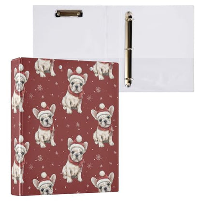 Fustylead Xmas Bulldog Puppy Wear Red Hat and Scarf 3 Ring Binder, D-Rings 1.5" Hardcover Folder, Fits 200 Sheets of A4 Paper, Durable Clipboard & Clean View with Inside Pockets for School Home Office - size: 12.4x10.63x2.36 Inch-1 Pack
