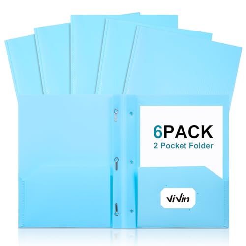 ViVin Sturdy Plastic Folder with Pockets,6 Pack,Heavy Duty Two Pocket 3 Prong Folders,Holds Letter Size Paper,File Folders with Business Card Slot for School Home and Office(Light Blue) - color: Light Blue, size: 6 PACK