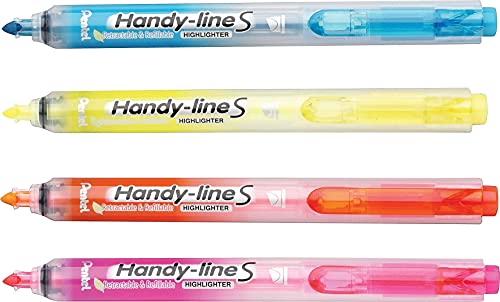 Pentel Handy-Line S Retractable Highlighter, Chisel Tip, Assorted Ink Colors, 4/ Pack (SXS15BP4M)