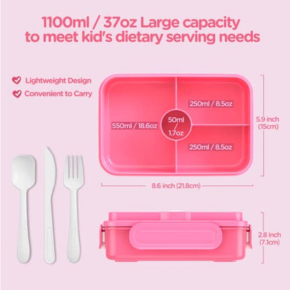 Jelife Kids Lunch Bento Box, Large Bento-Style Leakproof Boxes 4 Compartments Girls Snack Containers with Tableware for Back to School, Reusable On-the-Go Meal and Packing, Pink - color: 1100ml-Pink