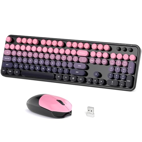 Dilter Wireless Keyboard and Mouse Combo, Retro Typewriter Keyboard with Round Keycaps, Full-Size Ergonomic, Ideal for Windows PC, Home, Office, College - color: Berry Pink