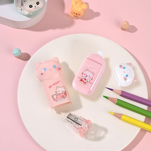9Pcs Pink Cute Cat Stationery Gifts Set School Supplies Kawaii Japanese Stationery Christmas Birthday GIFS Includes Pencil Sharpener Highlighter Correction Tape Pens Ruler for Office School Supplies - style: 9pcs pink cute cat