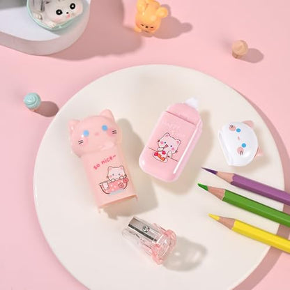 9Pcs Pink Cute Cat Stationery Gifts Set School Supplies Kawaii Japanese Stationery Christmas Birthday GIFS Includes Pencil Sharpener Highlighter Correction Tape Pens Ruler for Office School Supplies - style: 9pcs pink cute cat