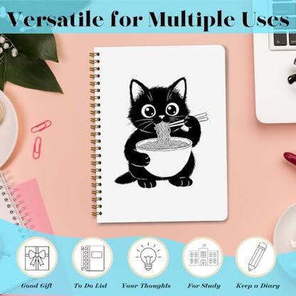 NISTOMISU Ramen Cat Spiral Notebook 5.8x8.3 Inch, Cat Notebooks, Cats Lover Mom Lady Gifts Journals for Writing, Cats Office Supplies, Japanese Noddle Cute Black Kitten Notebooks for Note Taking - color: Cat Eating Ramen