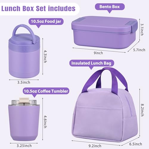 Large Bento Lunch Box Set for Adults Kids Women with 10.5oz Soup Thermo,Coffee Tumblers Men Girls Boys Teenagers Leak-Proof Lunch Food Containers with Lunch Bag - color: Purple