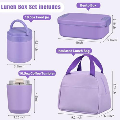 Large Bento Lunch Box Set for Adults Kids Women with 10.5oz Soup Thermo,Coffee Tumblers Men Girls Boys Teenagers Leak-Proof Lunch Food Containers with Lunch Bag - color: Purple