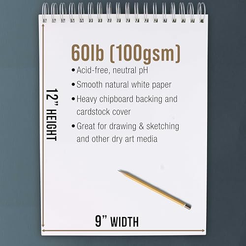 U.S. Art Supply 9"x12" Top Spiral Bound Sketch Book, 2 Pack, 100 Sheets Each, 60lb (100gsm), Acid-Free, Artist Sketchbook, Drawing Pad for Adults & Students - size: 9-x-12-inch