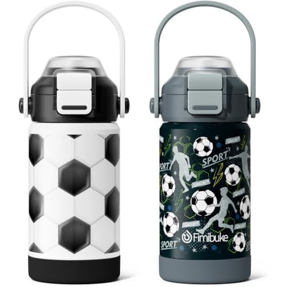 Fimibuke 14oz Kids Insulated Water Bottle with 2-in-1 Straw & Spout Lid | Leak Proof 18/8 Stainless Steel Vacuum Tumbler with Pop-Open Lid, BPA-Free Kids Cup for Travel School Girl Boy Toddler 2 Pack - color: Soccers, size: 14 Ounces