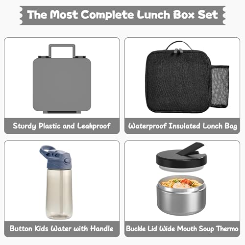 Kids Bento Lunch Box with 8oz Soup Thermo, Water Bottle, Kids Leakproof Lunch Food Containers with 4 Compartment, Insulated Hot Food Jar with Lunch Bag for School, Trvael (Black) - color: Black