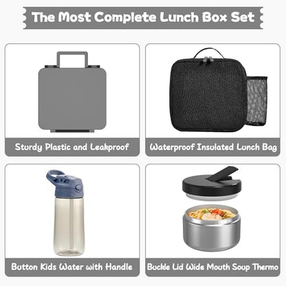 Kids Bento Lunch Box with 8oz Soup Thermo, Water Bottle, Kids Leakproof Lunch Food Containers with 4 Compartment, Insulated Hot Food Jar with Lunch Bag for School, Trvael (Black) - color: Black