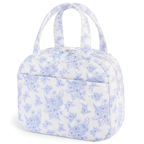 WOBAGMEN Quilted Lunch Box for Women,Coquette Aesthetic Lunch Box for Teen Girls,Cute Floral Lunch Bags for Work, School,Office,Picnic,Travel (Elegant Blue Floral) - color: Elegant Blue Floral