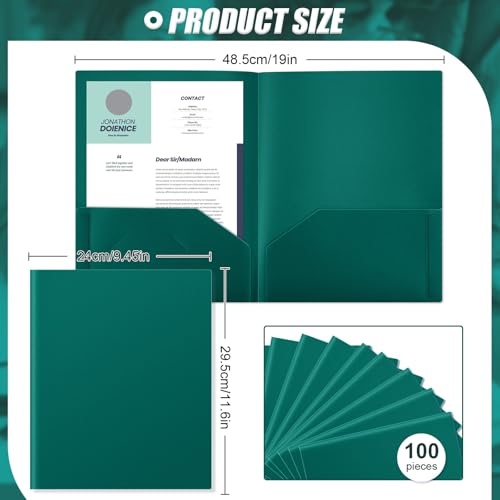Gueevin 100 Pack Plastic Folder with Pockets, 2 Pocket Folders, Plastic Glossy Folders Fit Letter Size Paper, Heavy Duty Durable File Folder with Business Card for Home Office School (Teal Green) - color: Teal Green