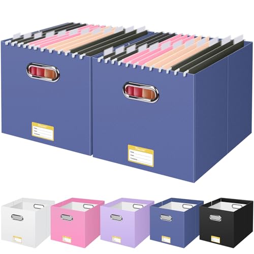 BALEINE File Organizer Box, Cardboard File Folder Organizer with Handle for Letter Size, Portable Collapsible Hanging Filing Box for Home Office Document Storage (2 Pack, Large Navy) - color: Navy, style: 2PK